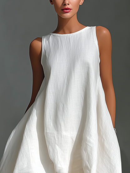 Robe Midi Sans Manches en Lin Blanc pour Femme avec Col Ronde et Ourlet Asymétrique