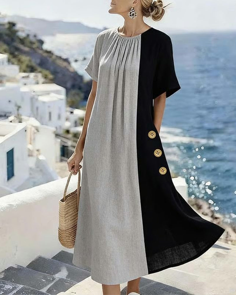 Robe longue décontractée avec col rond et couleur contrastante