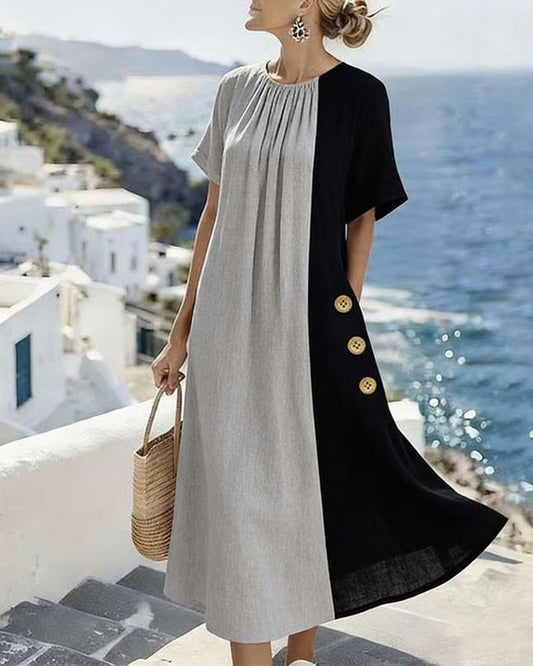 Robe longue décontractée avec col rond et couleur contrastante