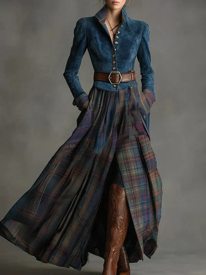 Maxi-robe de style rétro avec motif à carreaux en daim bleu (ceinture incluse)