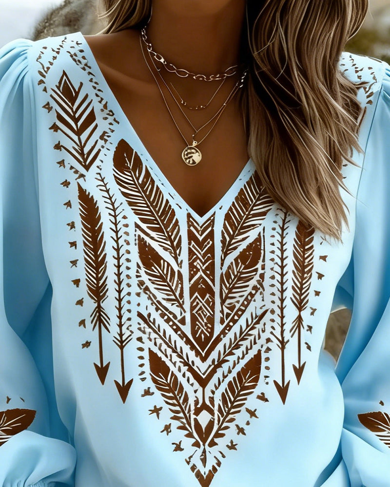 Blouse à Col V avec Manches Bouffantes et Coupe Ample