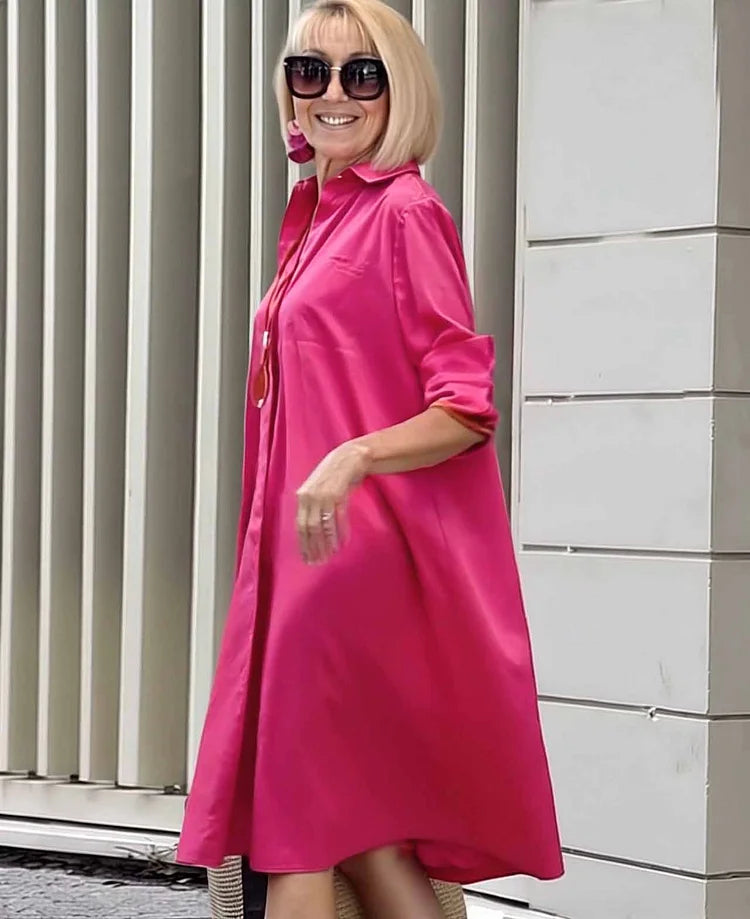 Vireya - Robe Midi avec Col de Chemise et Poches