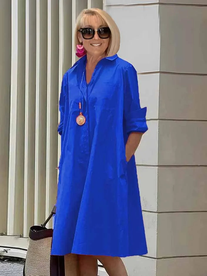 Vireya - Robe Midi avec Col de Chemise et Poches