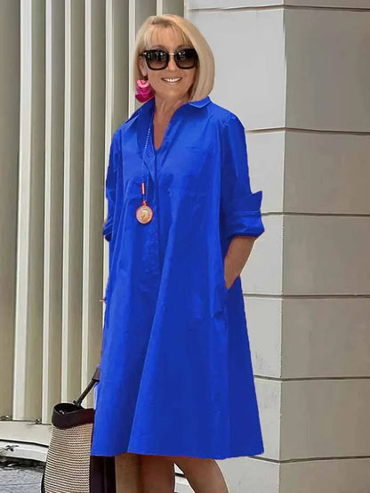 Vireya - Robe Midi avec Col de Chemise et Poches