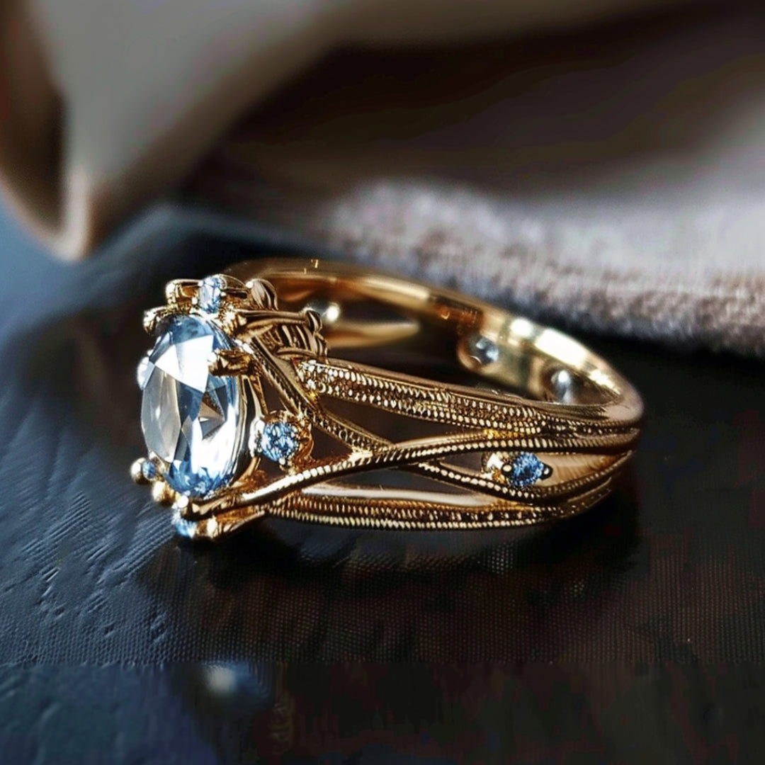 Bague Plaquée Or avec Inlay en Verre Bleu