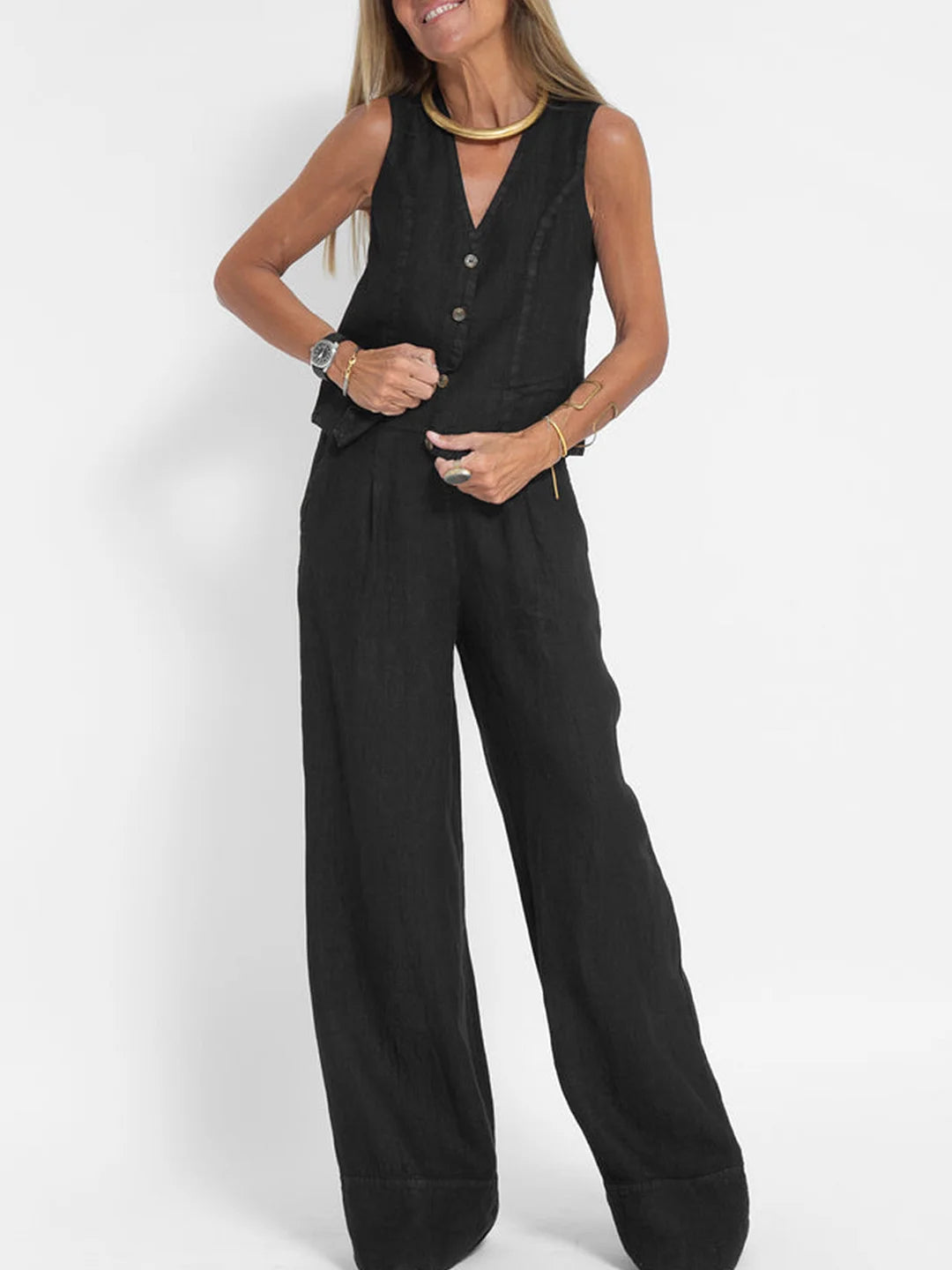 Jessica - Ensemble de Gilet Boutonné & Pantalons à Jambes Larges