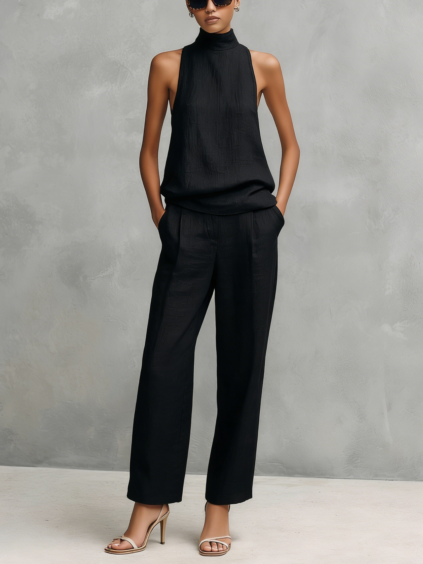 Ensemble Top Sans Manches et Pantalons Élégant en Coton et Lin Noir pour Femme