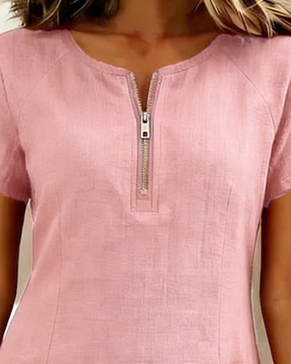 Robe Courte en Lin et Coton avec Fermeture Éclair - Coupe A-Line Élégante