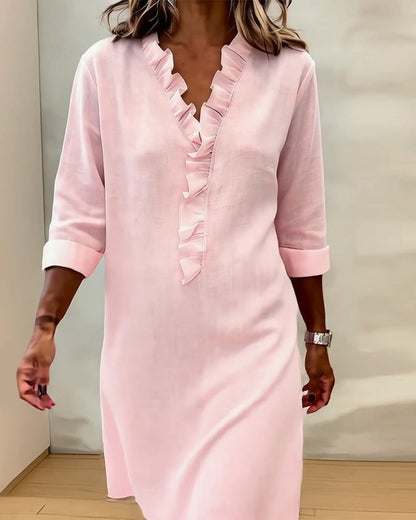 Robe Unie à Volants avec Col en V