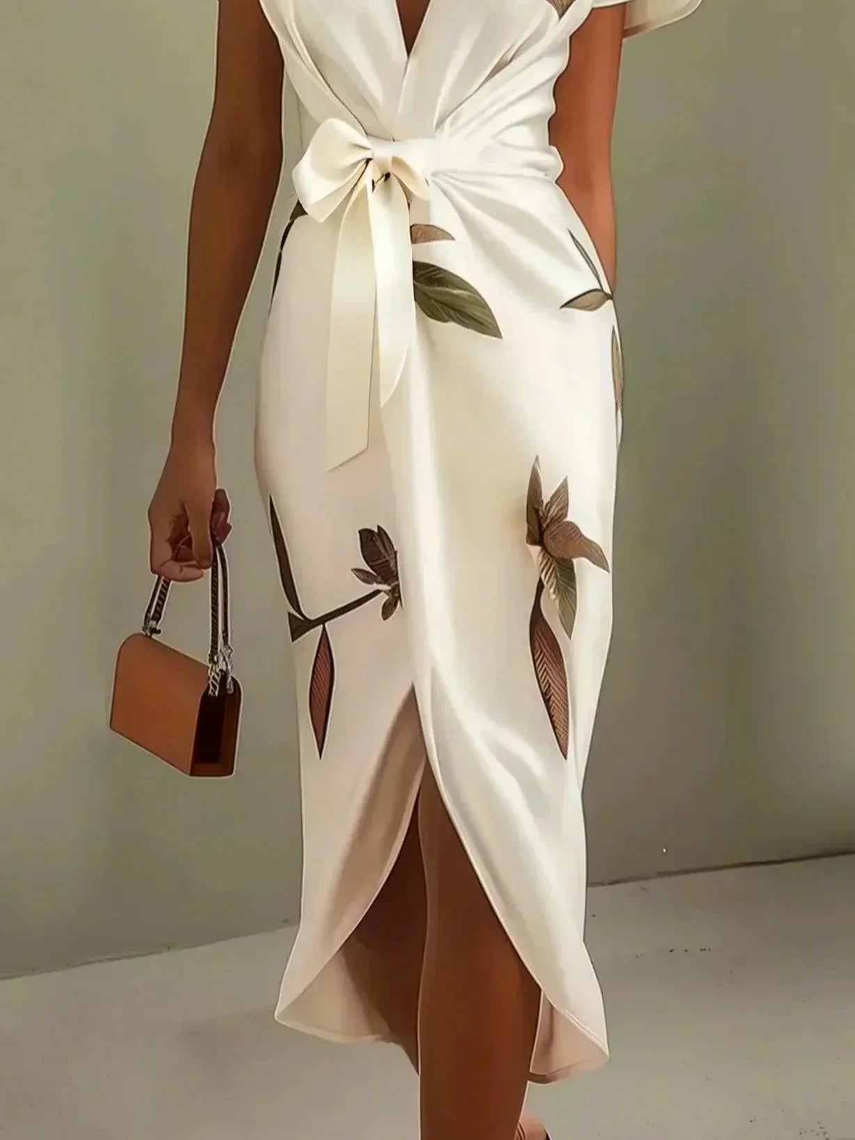 Robe ajustée Florence en satin avec manches courtes et motif de feuilles blanches
