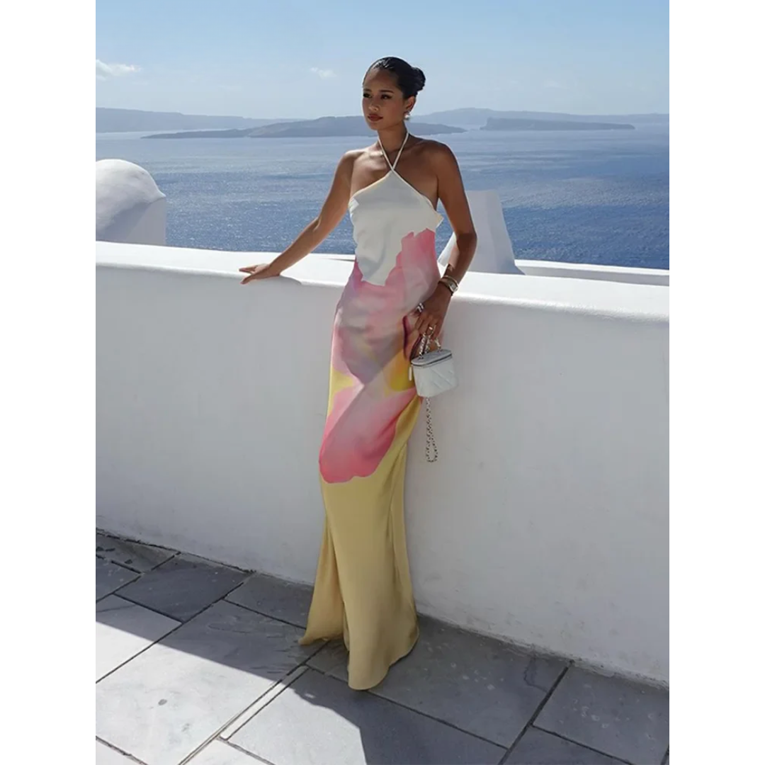 Ismena - Robe Maxi Florale Élégante avec Col Asymétrique