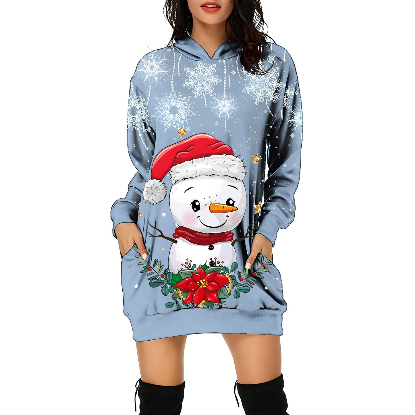 Georgia - Robe de Noël élégante imprimée avec capuche pour femme