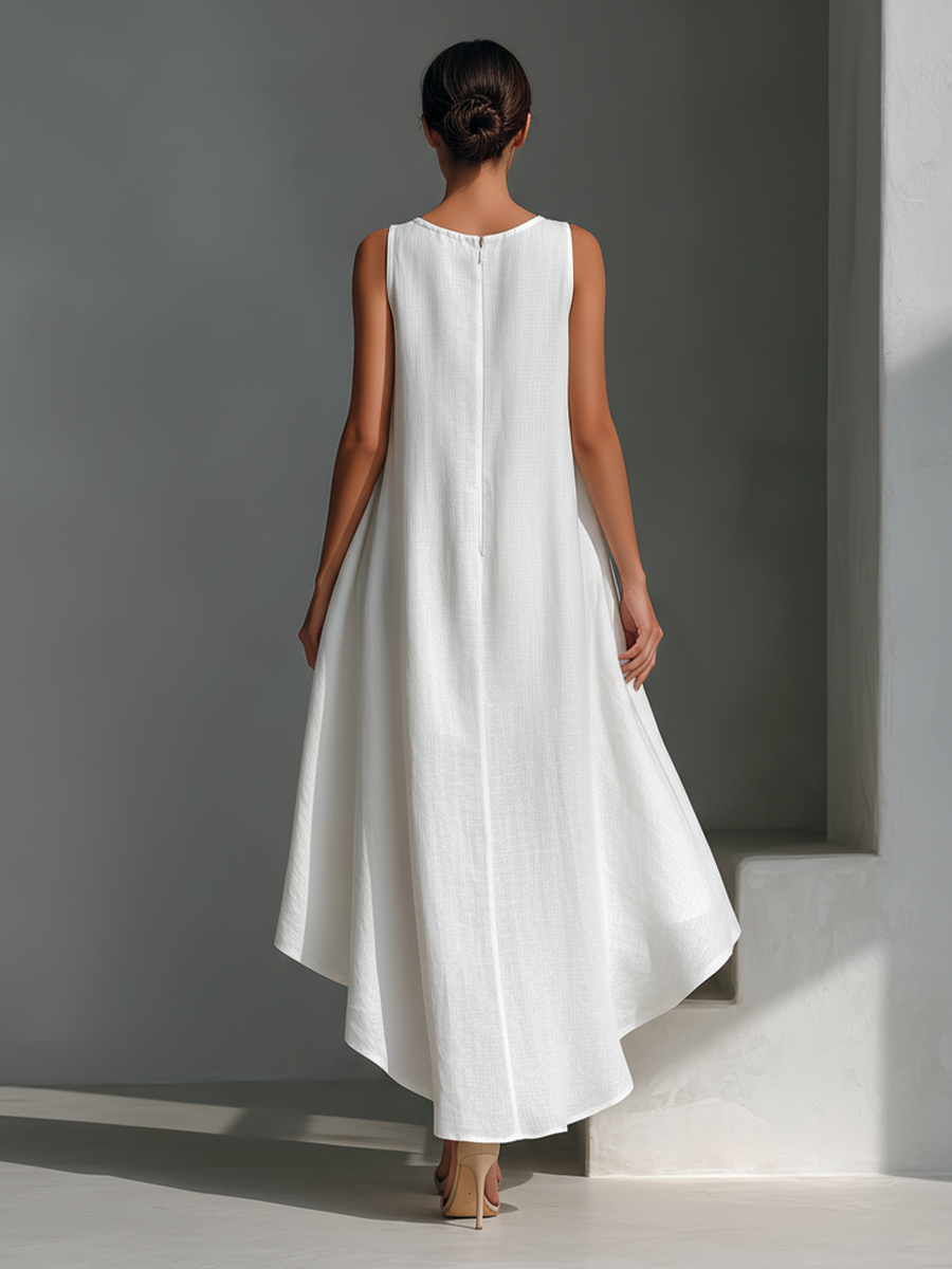 Robe Midi Sans Manches en Lin Blanc pour Femme avec Col Ronde et Ourlet Asymétrique