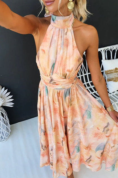 Robe Maxi à Bretelles avec Dos Nu et Imprimé Aquarelle