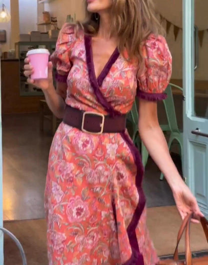 Robe Maxi Rose Élégante à Manches Courtes
