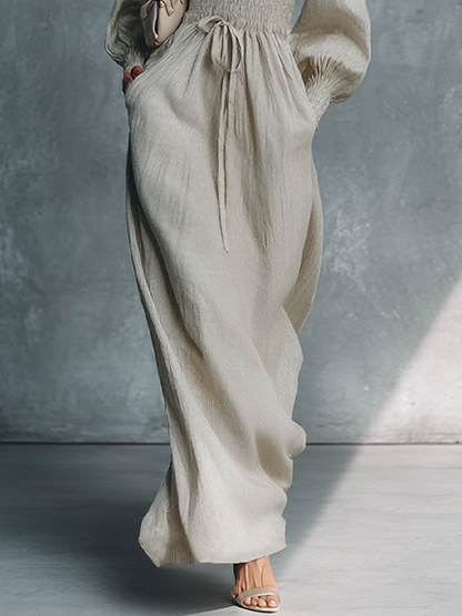 Robe Maxi Femme Beige en Coton Lin à Rayures avec Décolleté en V et Taille Froncée