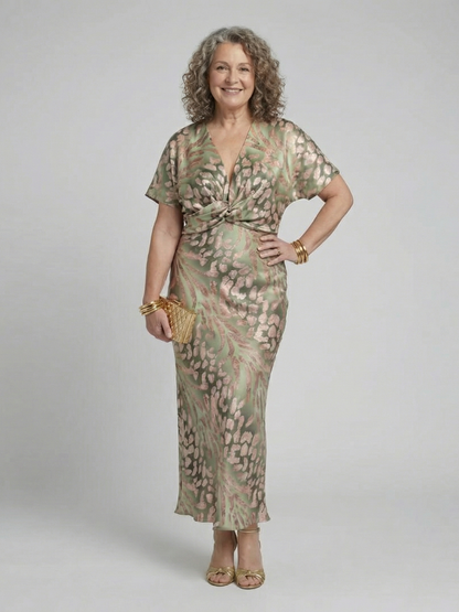 Robe Midi à Imprimé Abstrait et Décolleté en V avec Taille Torsadée