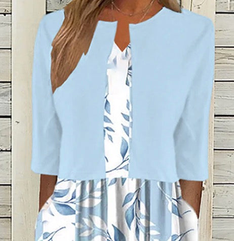 Robe Midi Unique avec Imprimé de Plantes Bleues et Veste