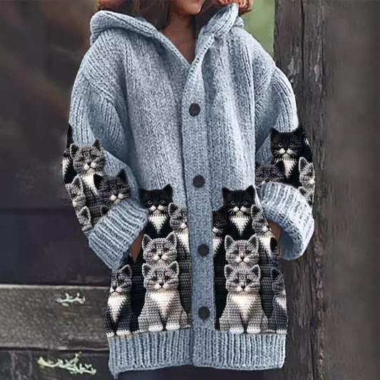 Jasmin - Gilet en Tricot Douillet avec Imprimé de Chats