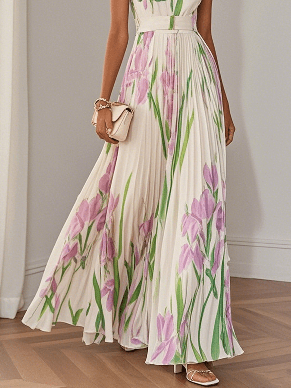 Robe Longue Plissée en Mousseline - Élégance Intemporelle
