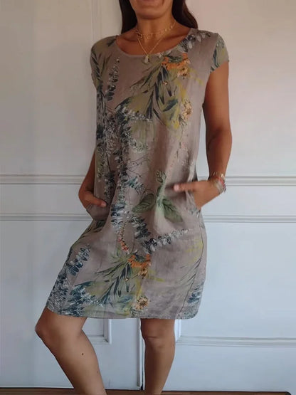 Robe d'été imprimée en coton et lin pour femmes avec poches