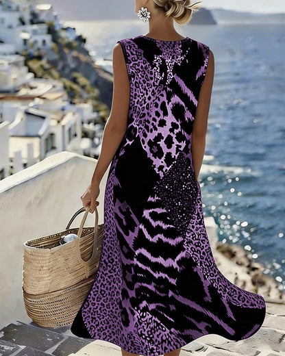 Robe Longue Sans Manches à Imprimé Léopard en Patchwork
