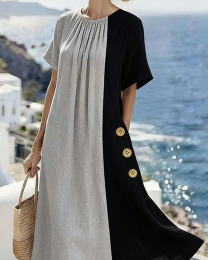 Robe longue décontractée à col rond et couleur contrastée