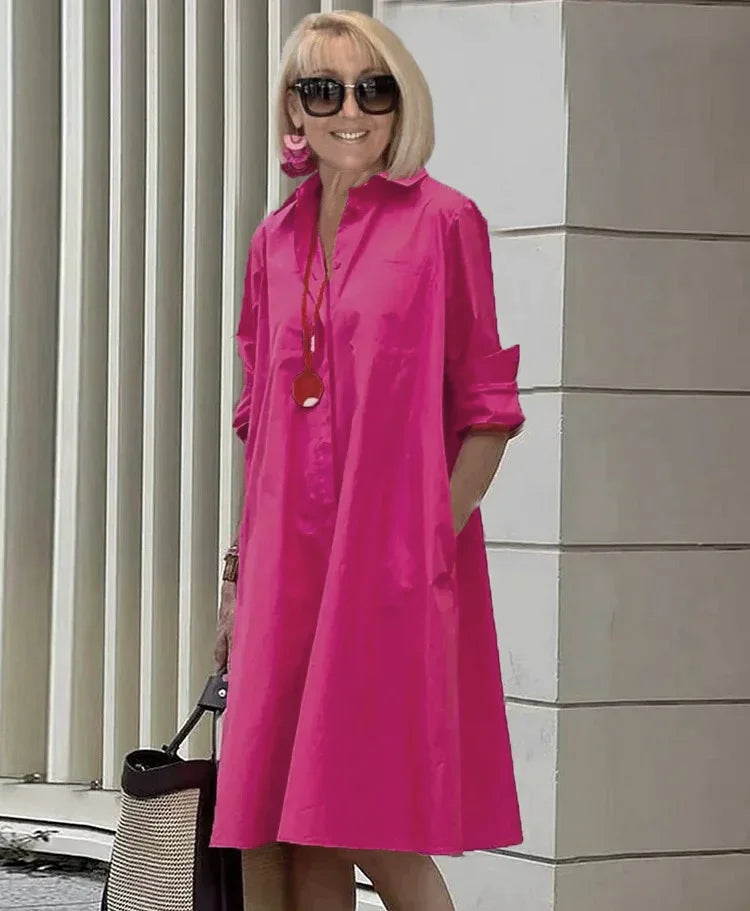 Vireya - Robe Midi avec Col de Chemise et Poches