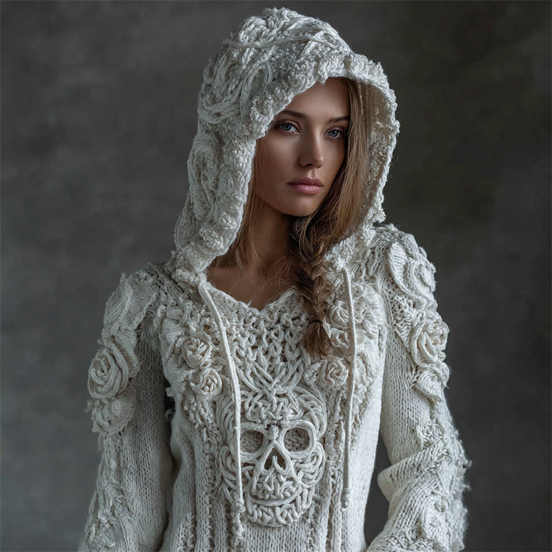 Pull Confortable en Tricot avec Capuche Tête de Mort Celte Viking Vintage avec Roses Blanches