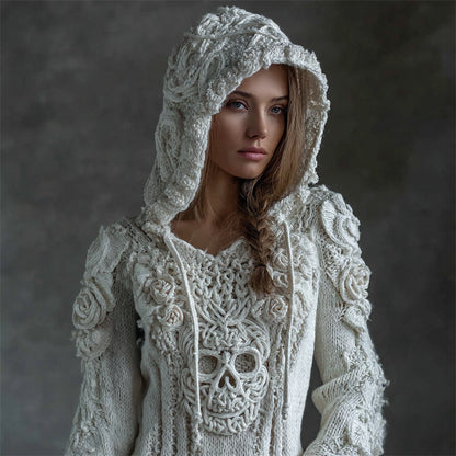 Pull Confortable en Tricot avec Capuche Tête de Mort Celte Viking Vintage avec Roses Blanches