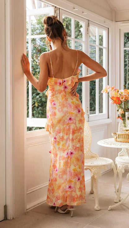 Luneth - Robe Maxi Sans Dos avec Décolleté en V Floral