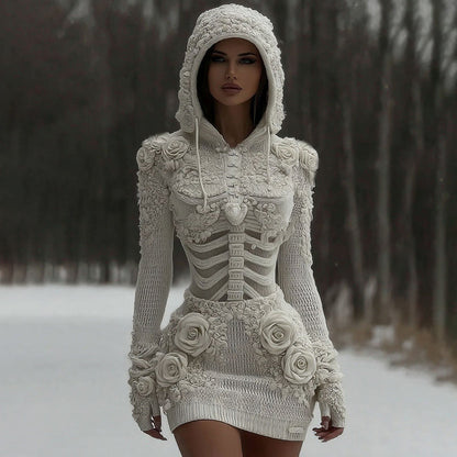 Pull à Capuche en Maille avec Patchwork en Rose Blanc et Crâne pour Femme