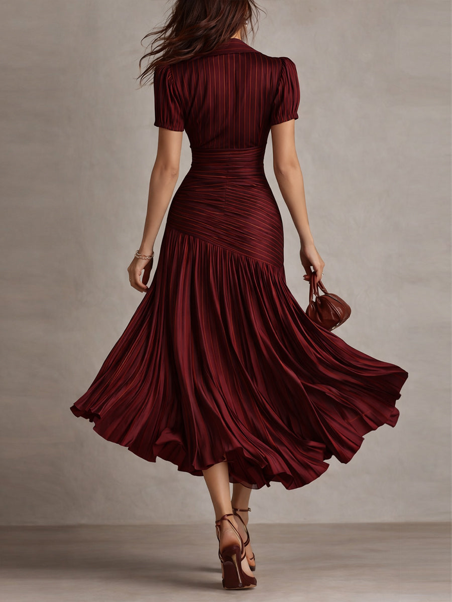 Adriana - Robe Midi en Satin à Rayures Rétro