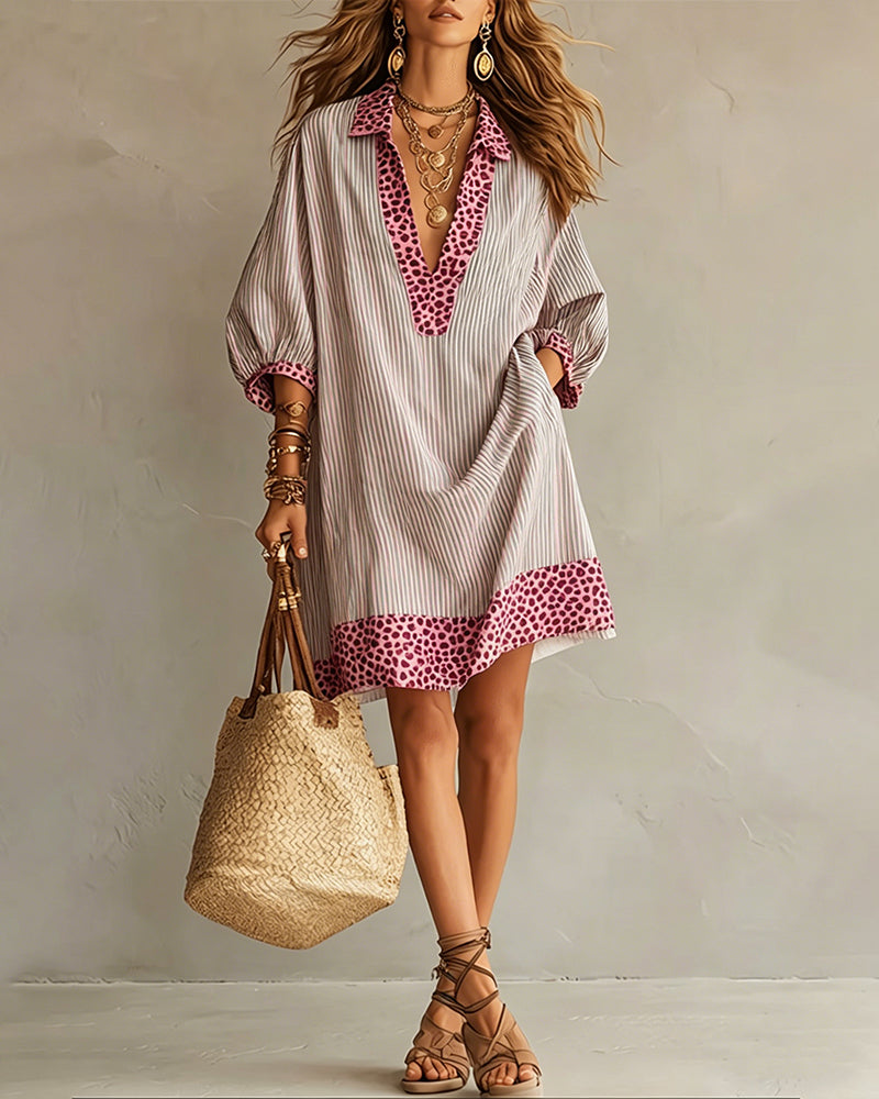 Robe Léopard à Manches Bouffantes avec Rayures