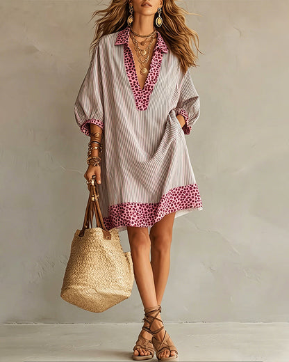 Robe Léopard à Manches Bouffantes avec Rayures