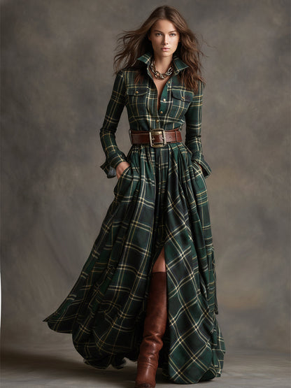 Giulia - Robe longue à carreaux brun rougeâtre avec col et style ethnique rétro