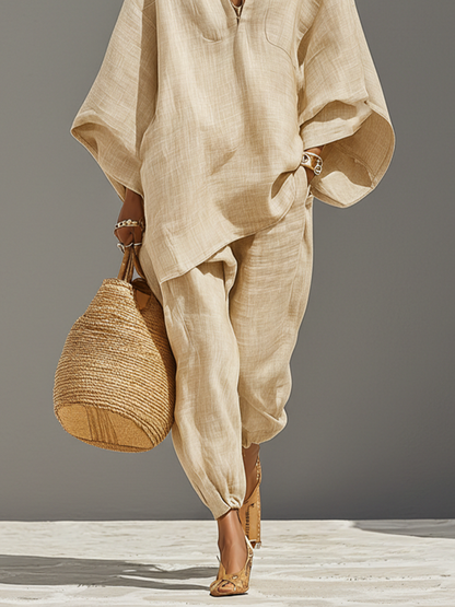 Ensemble Neutre en Lin pour Femme avec Ourlet Asymétrique et Design Minimaliste, Style Quotidien-Casual Sophistiqué