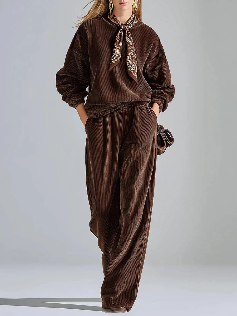 Ensemble Décontracté en Velours Côtelé Uni avec Sweatshirt et Pantalons à Jambes Larges