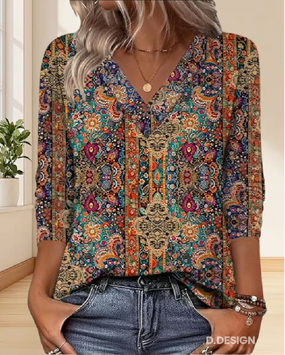Blouse Imprimée Rétro Col V