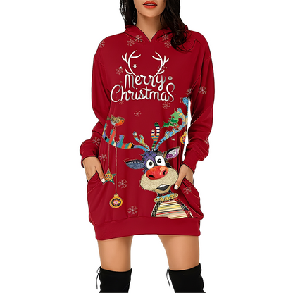Georgia - Robe de Noël élégante imprimée avec capuche pour femme