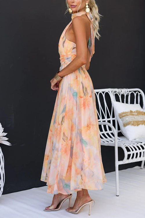 Robe Maxi à Bretelles avec Dos Nu et Imprimé Aquarelle