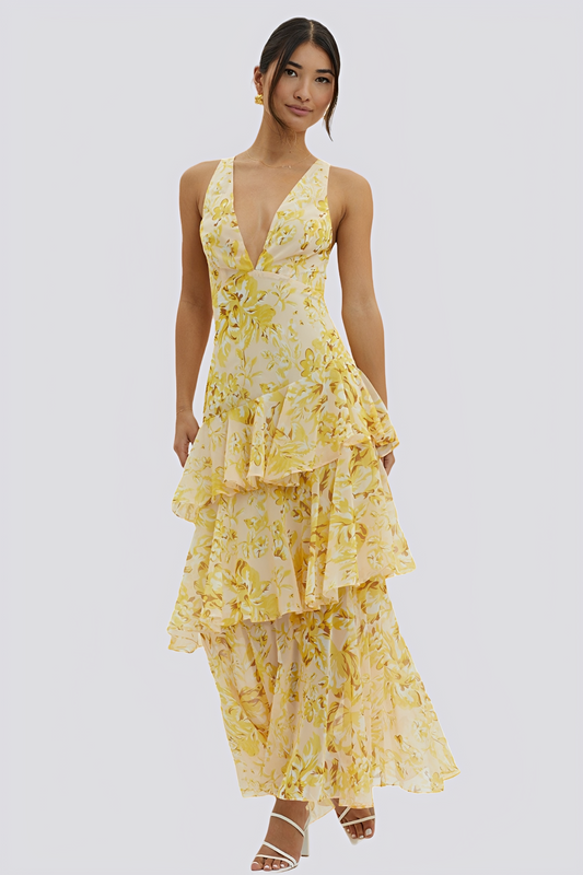 Hazel - Robe maxi sans dos avec imprimé floral pour femmes