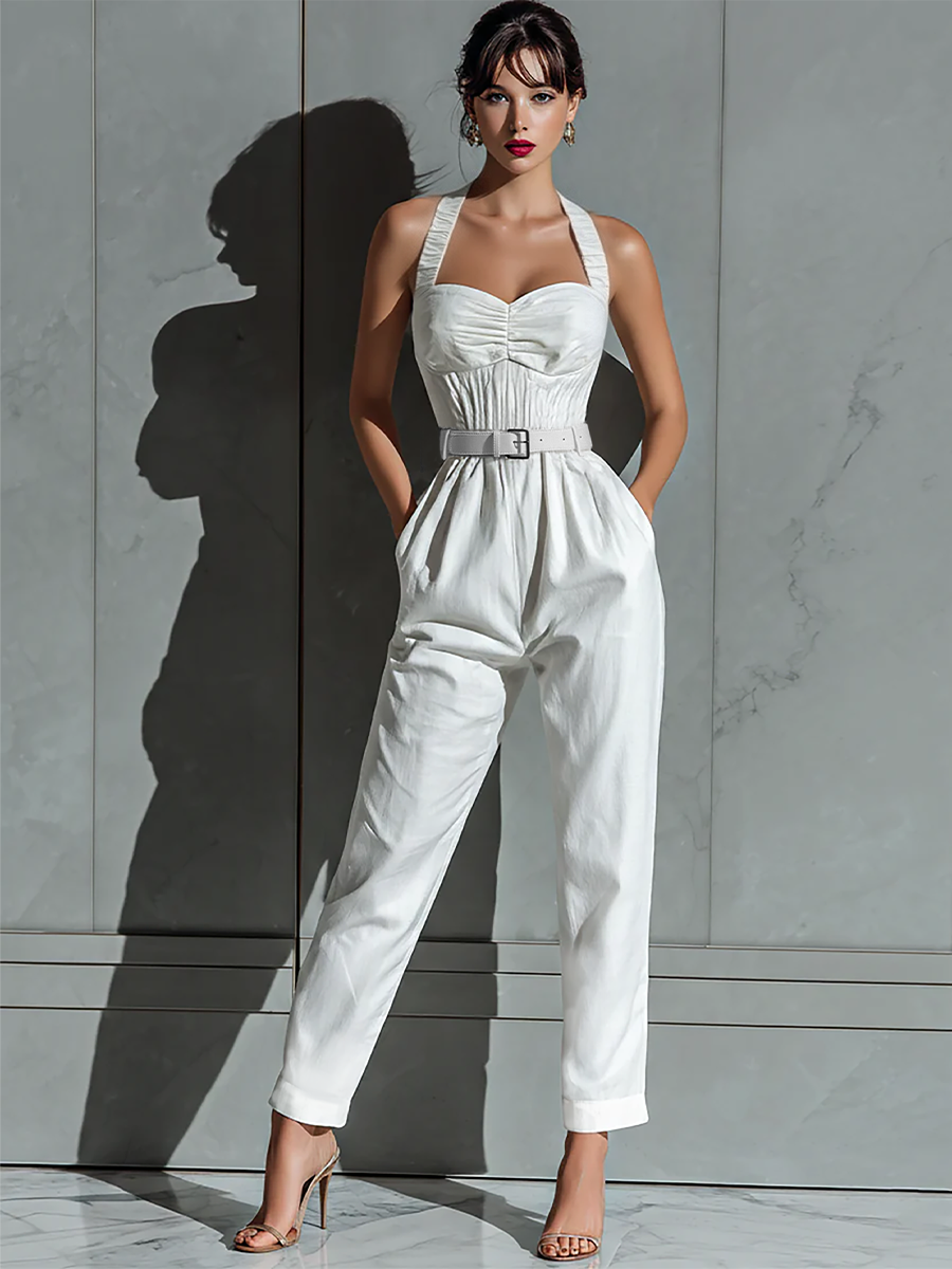 Salopette Ample En Coton Et Lin Couleur Ivoire Avec Taille Fine Pour Femme