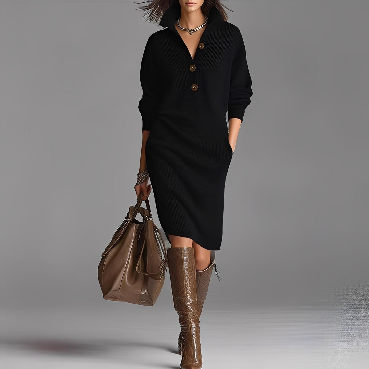 Camryn - Robe en tricot à la mode avec boutons et col pour femme