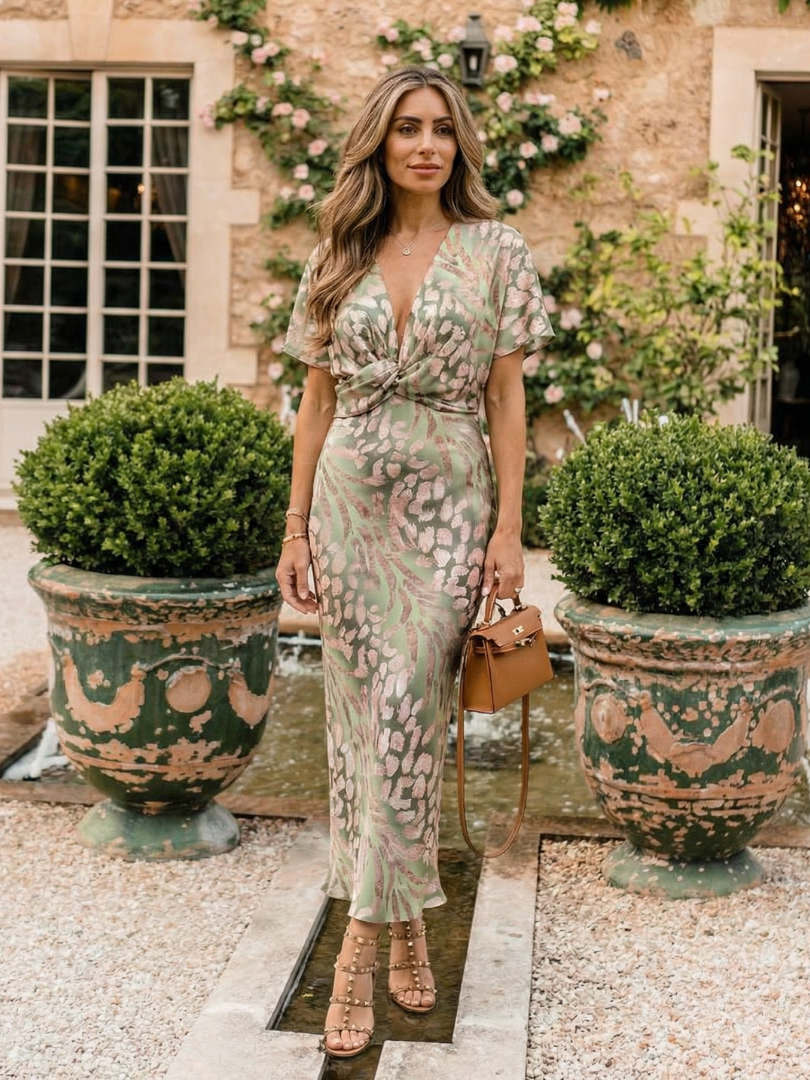 Robe Midi à Imprimé Abstrait et Décolleté en V avec Taille Torsadée