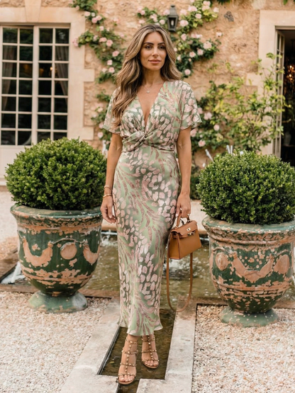 Robe Midi à Imprimé Abstrait et Décolleté en V avec Taille Torsadée
