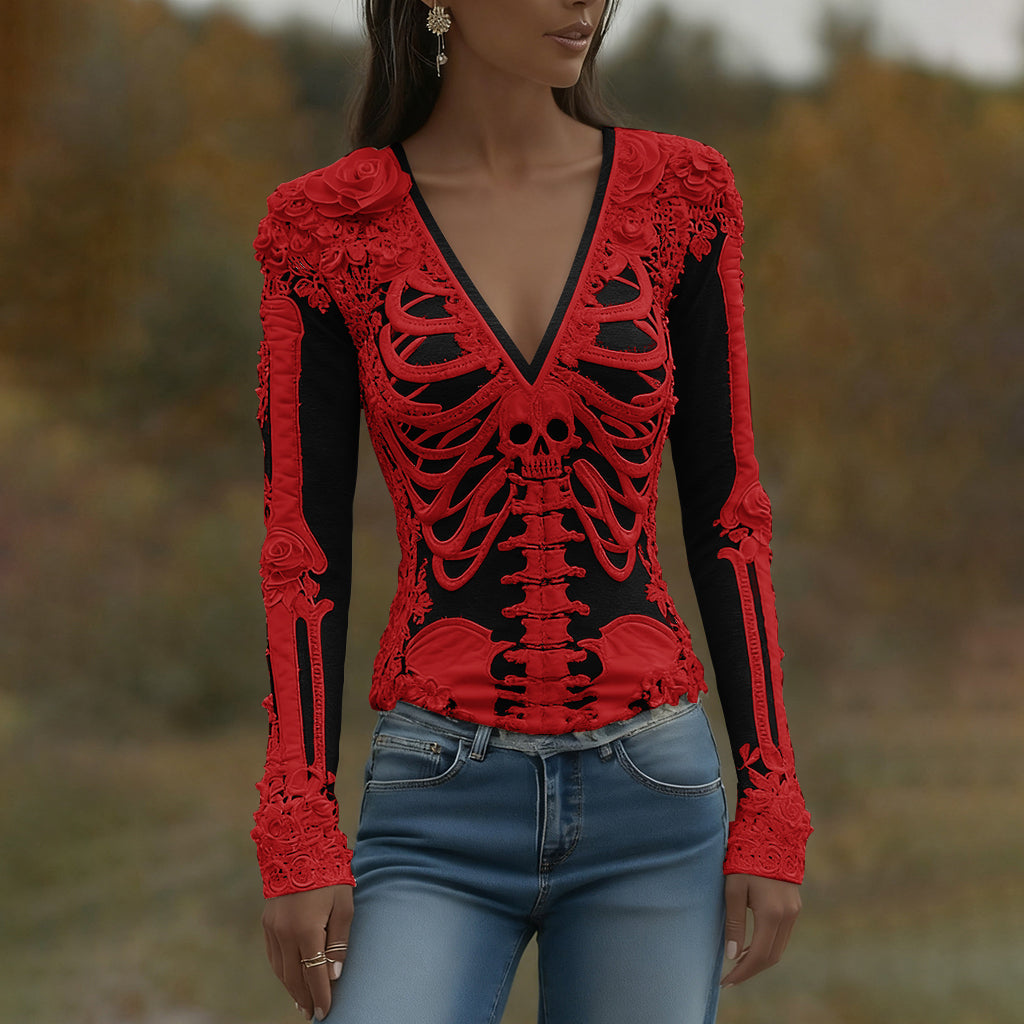T-shirt décontracté à manches longues pour femmes avec art de squelette, roses et crâne, col en V pour Halloween
