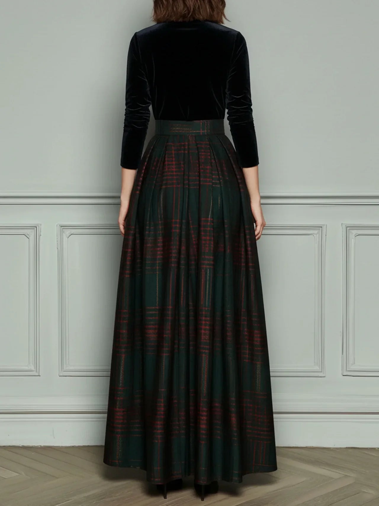 Robe Maxi Patchwork en Velours et Tartan Vert