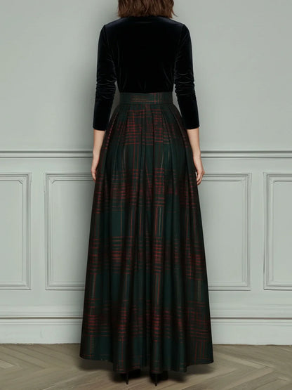 Robe Maxi Patchwork en Velours et Tartan Vert