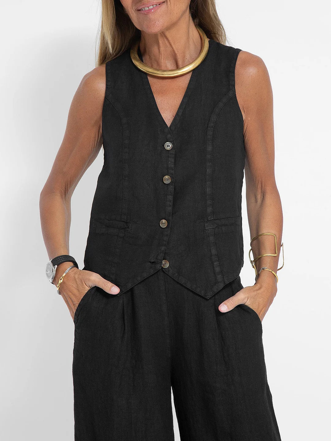 Jessica - Ensemble de Gilet Boutonné & Pantalons à Jambes Larges